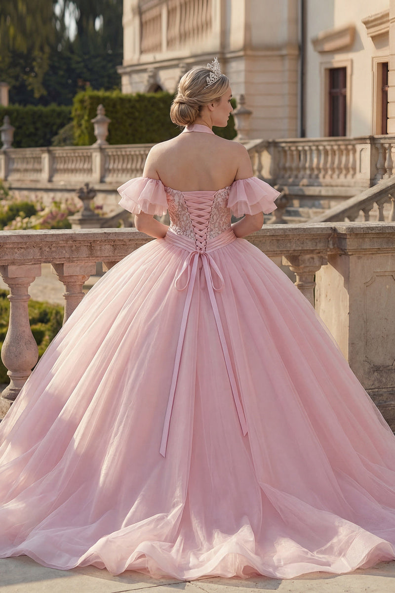 Laden Sie das Bild in den Galerie-Viewer, Rosa Ballkleid Neckholderhals Abschlusskleid mit Flatterärmeln