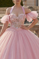 Laden Sie das Bild in den Galerie-Viewer, Rosa Ballkleid Neckholderhals Abschlusskleid mit Flatterärmeln