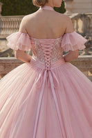 Laden Sie das Bild in den Galerie-Viewer, Rosa Ballkleid Neckholderhals Abschlusskleid mit Flatterärmeln