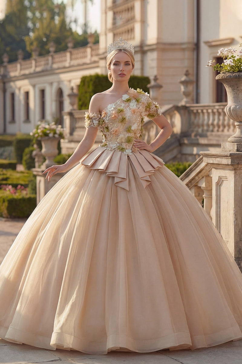Laden Sie das Bild in den Galerie-Viewer, Champagner Ballkleid Einschulter Appliquiertes Abschlusskleid