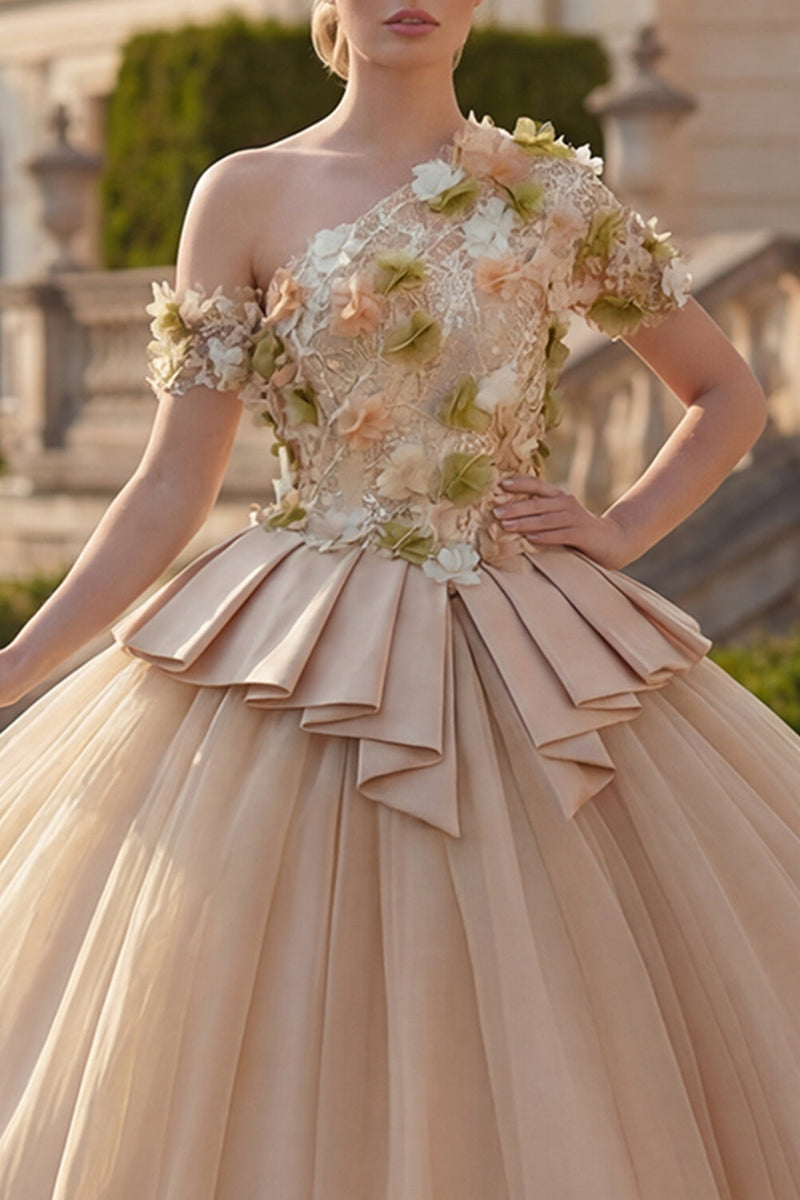 Laden Sie das Bild in den Galerie-Viewer, Champagner Ballkleid Einschulter Appliquiertes Abschlusskleid