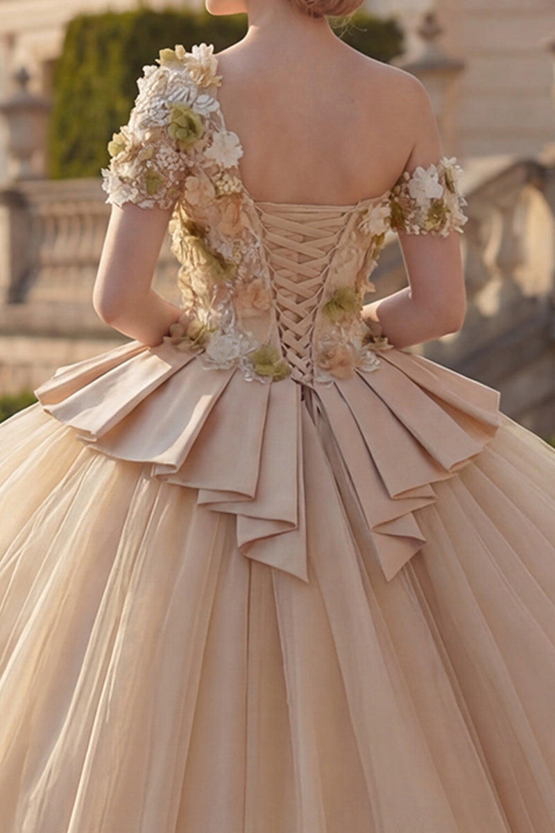 Laden Sie das Bild in den Galerie-Viewer, Champagner Ballkleid Einschulter Appliquiertes Abschlusskleid