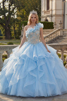 Laden Sie das Bild in den Galerie-Viewer, Ballkleid Einschulter Himmelblaues Appliquiertes Abschlusskleid mit Rüschen