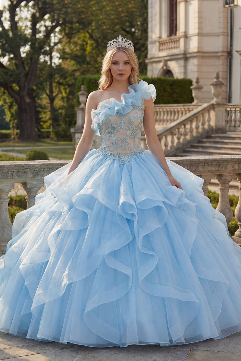 Laden Sie das Bild in den Galerie-Viewer, Ballkleid Einschulter Himmelblaues Appliquiertes Abschlusskleid mit Rüschen