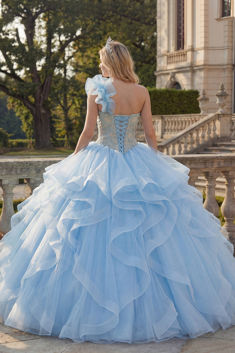 Laden Sie das Bild in den Galerie-Viewer, Ballkleid Einschulter Himmelblaues Appliquiertes Abschlusskleid mit Rüschen