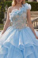 Laden Sie das Bild in den Galerie-Viewer, Ballkleid Einschulter Himmelblaues Appliquiertes Abschlusskleid mit Rüschen