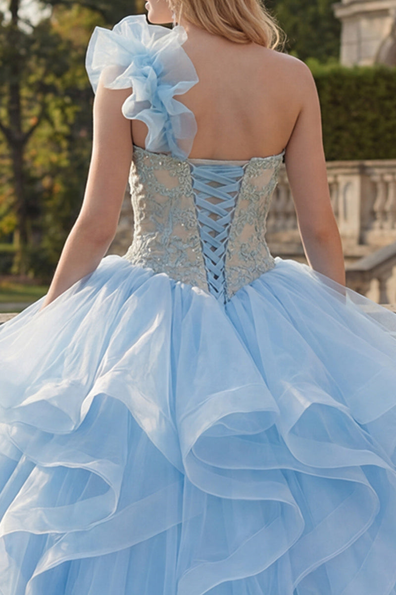 Laden Sie das Bild in den Galerie-Viewer, Ballkleid Einschulter Himmelblaues Appliquiertes Abschlusskleid mit Rüschen