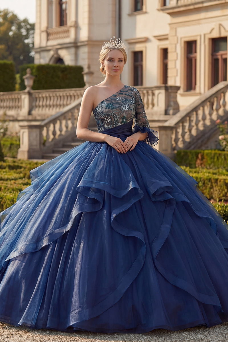 Laden Sie das Bild in den Galerie-Viewer, Marineblaues Einschulter Ballkleid Blumen Abschlusskleid mit Rüschen