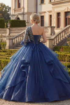 Marineblaues Einschulter Ballkleid Blumen Abschlusskleid mit Rüschen