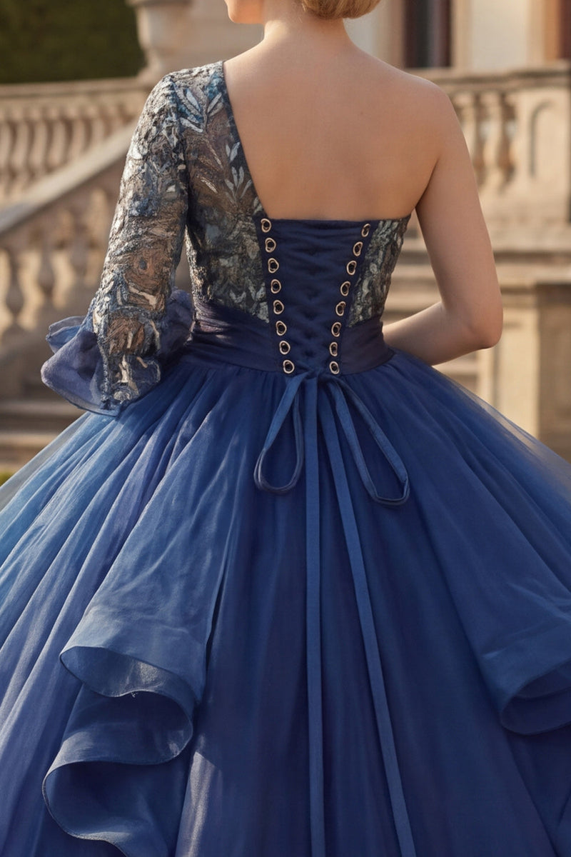 Laden Sie das Bild in den Galerie-Viewer, Marineblaues Einschulter Ballkleid Blumen Abschlusskleid mit Rüschen