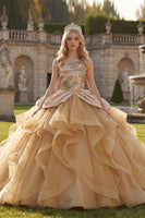 Laden Sie das Bild in den Galerie-Viewer, Glitzerndes Einschulter Ballkleid Pailletten Champagner Abschlusskleid mit Rüschen