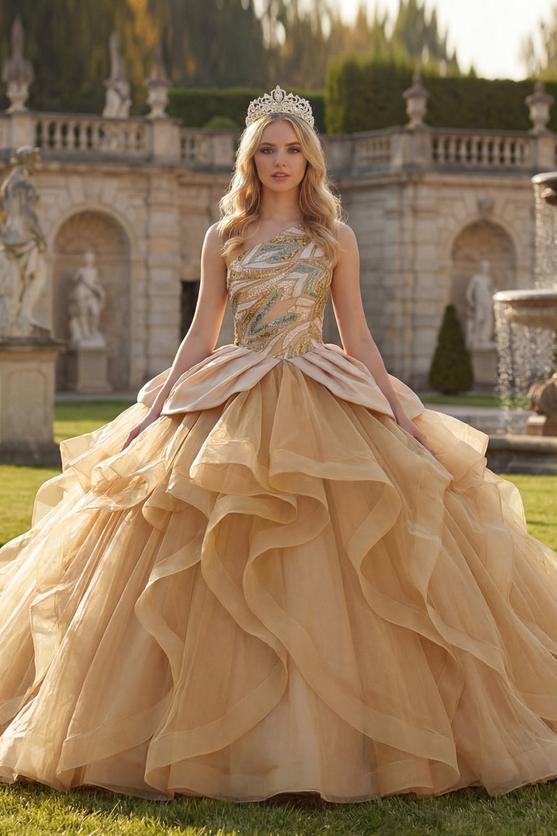 Laden Sie das Bild in den Galerie-Viewer, Glitzerndes Einschulter Ballkleid Pailletten Champagner Abschlusskleid mit Rüschen