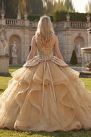 Laden Sie das Bild in den Galerie-Viewer, Glitzerndes Einschulter Ballkleid Pailletten Champagner Abschlusskleid mit Rüschen
