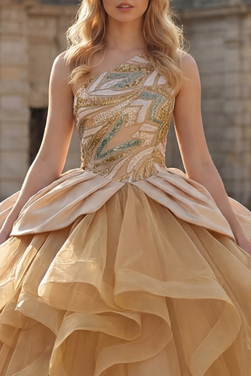 Laden Sie das Bild in den Galerie-Viewer, Glitzerndes Einschulter Ballkleid Pailletten Champagner Abschlusskleid mit Rüschen