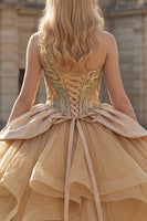 Laden Sie das Bild in den Galerie-Viewer, Glitzerndes Einschulter Ballkleid Pailletten Champagner Abschlusskleid mit Rüschen