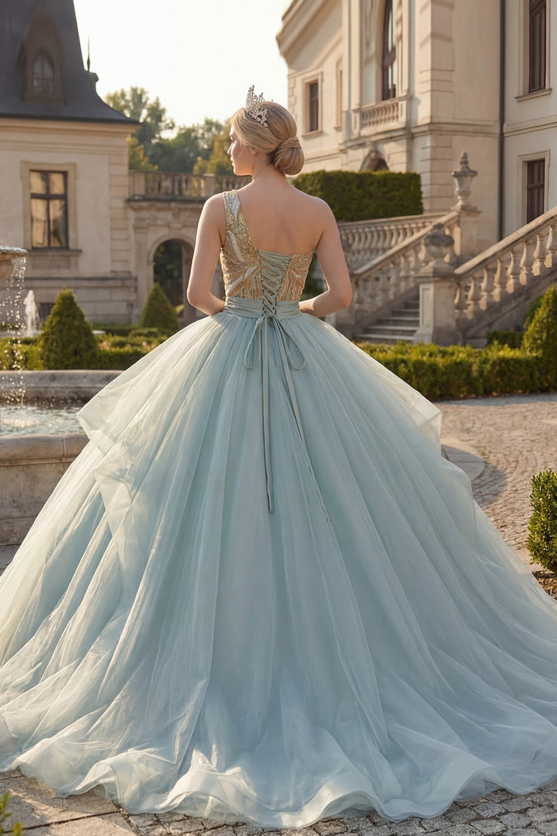 Laden Sie das Bild in den Galerie-Viewer, Glitzerndes Ballkleid Staubblaues Pailletten mit einer Schulter Gerüschtes Abschlusskleid