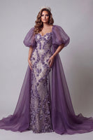 Laden Sie das Bild in den Galerie-Viewer, Lila Puffärmel-Meerjungfrauen-Pageant-Kleid mit 3D-Blumen