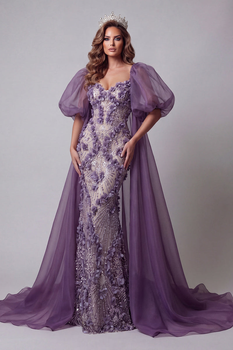 Laden Sie das Bild in den Galerie-Viewer, Lila Puffärmel-Meerjungfrauen-Pageant-Kleid mit 3D-Blumen