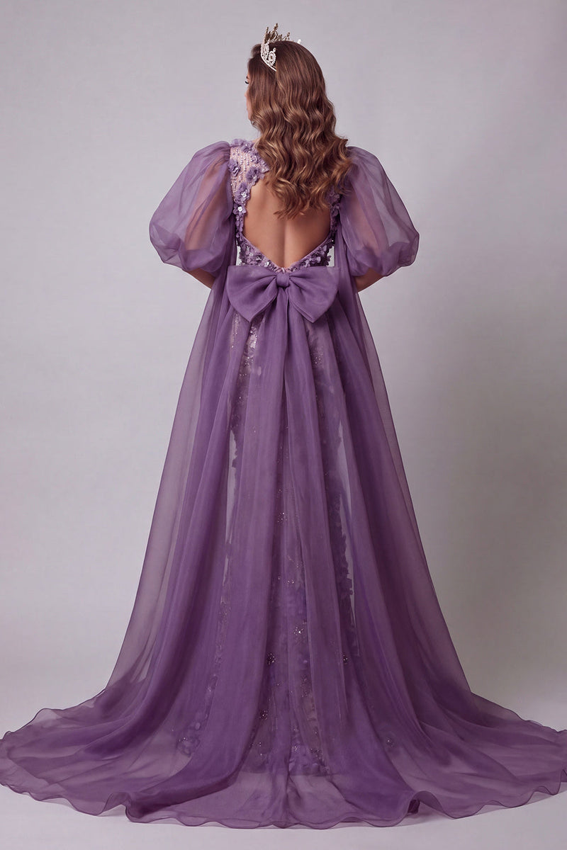Laden Sie das Bild in den Galerie-Viewer, Lila Puffärmel-Meerjungfrauen-Pageant-Kleid mit 3D-Blumen