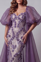Laden Sie das Bild in den Galerie-Viewer, Lila Puffärmel-Meerjungfrauen-Pageant-Kleid mit 3D-Blumen