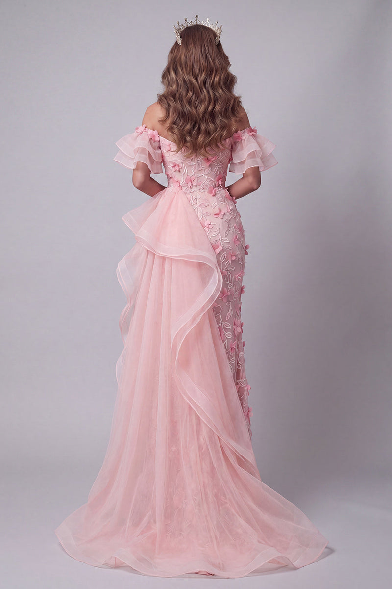 Laden Sie das Bild in den Galerie-Viewer, Off-the-shoulder pinkes, rüschendes Pageant-Kleid mit Seitenumhang