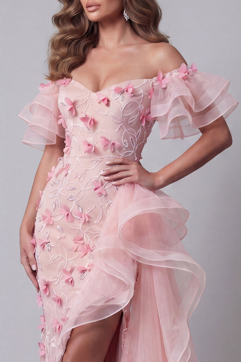Laden Sie das Bild in den Galerie-Viewer, Off-the-shoulder pinkes, rüschendes Pageant-Kleid mit Seitenumhang