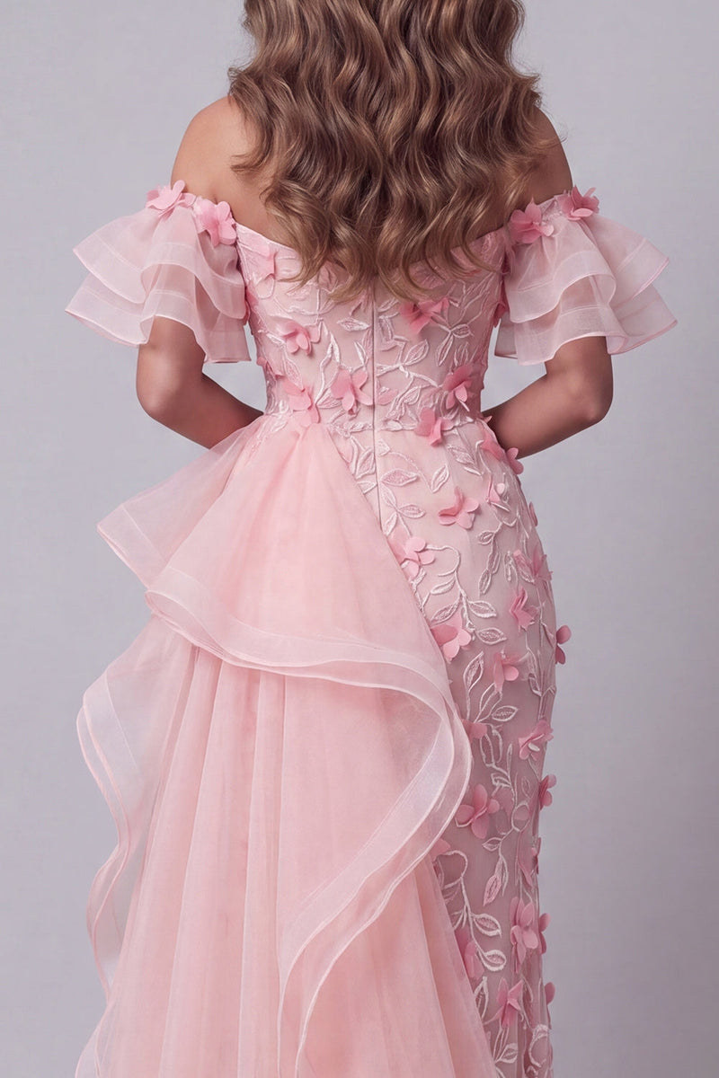 Laden Sie das Bild in den Galerie-Viewer, Off-the-shoulder pinkes, rüschendes Pageant-Kleid mit Seitenumhang