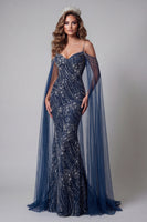 Laden Sie das Bild in den Galerie-Viewer, Kalt-Schulter-Marineblau Meerjungfrauen-Pageant-Kleid mit Perlen