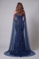 Laden Sie das Bild in den Galerie-Viewer, Kalt-Schulter-Marineblau Meerjungfrauen-Pageant-Kleid mit Perlen