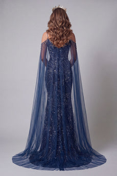 Kalt-Schulter-Marineblau Meerjungfrauen-Pageant-Kleid mit Perlen