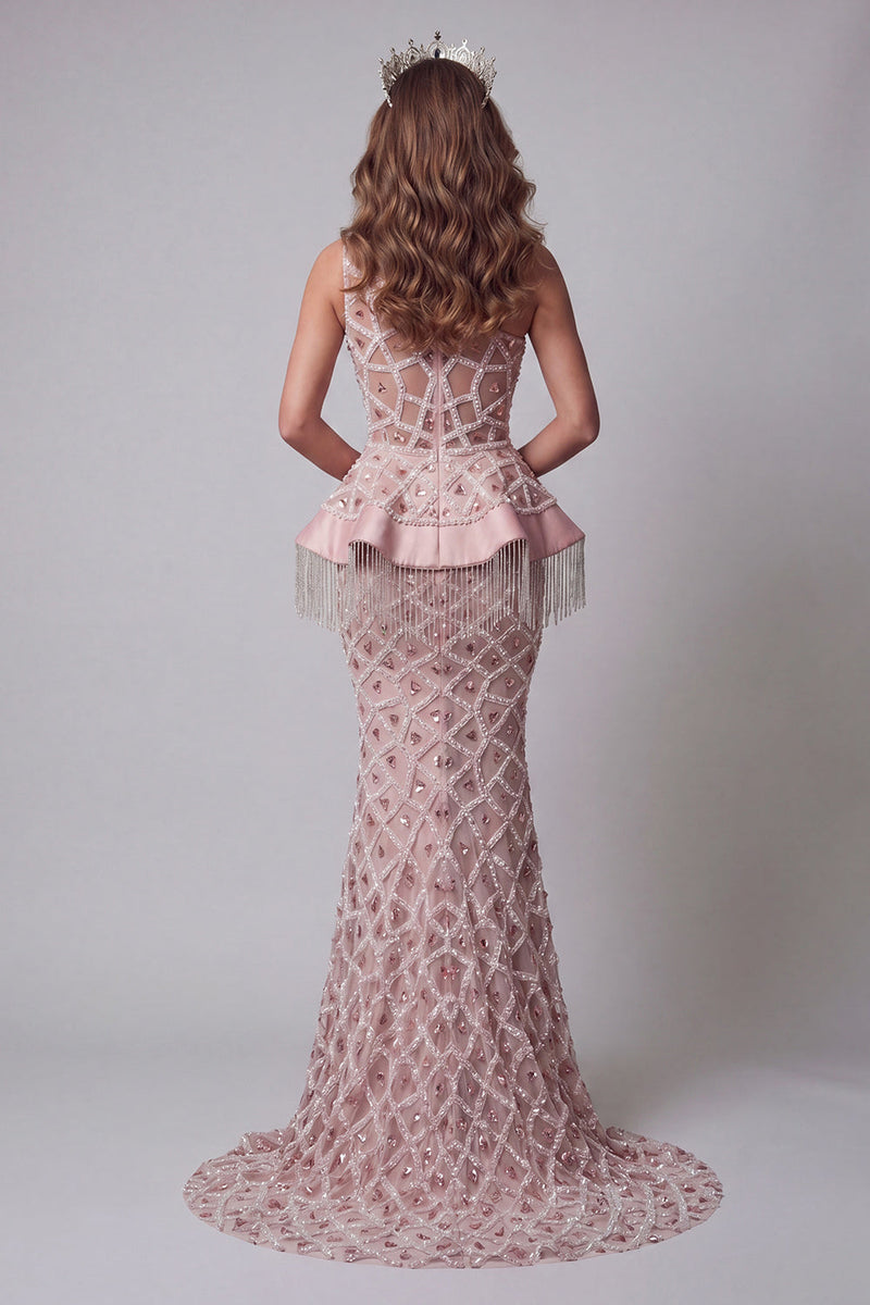 Laden Sie das Bild in den Galerie-Viewer, Einschulter-Rouge-Meerjungfrauen-Pailletten-Pageant-Kleid mit Quaste