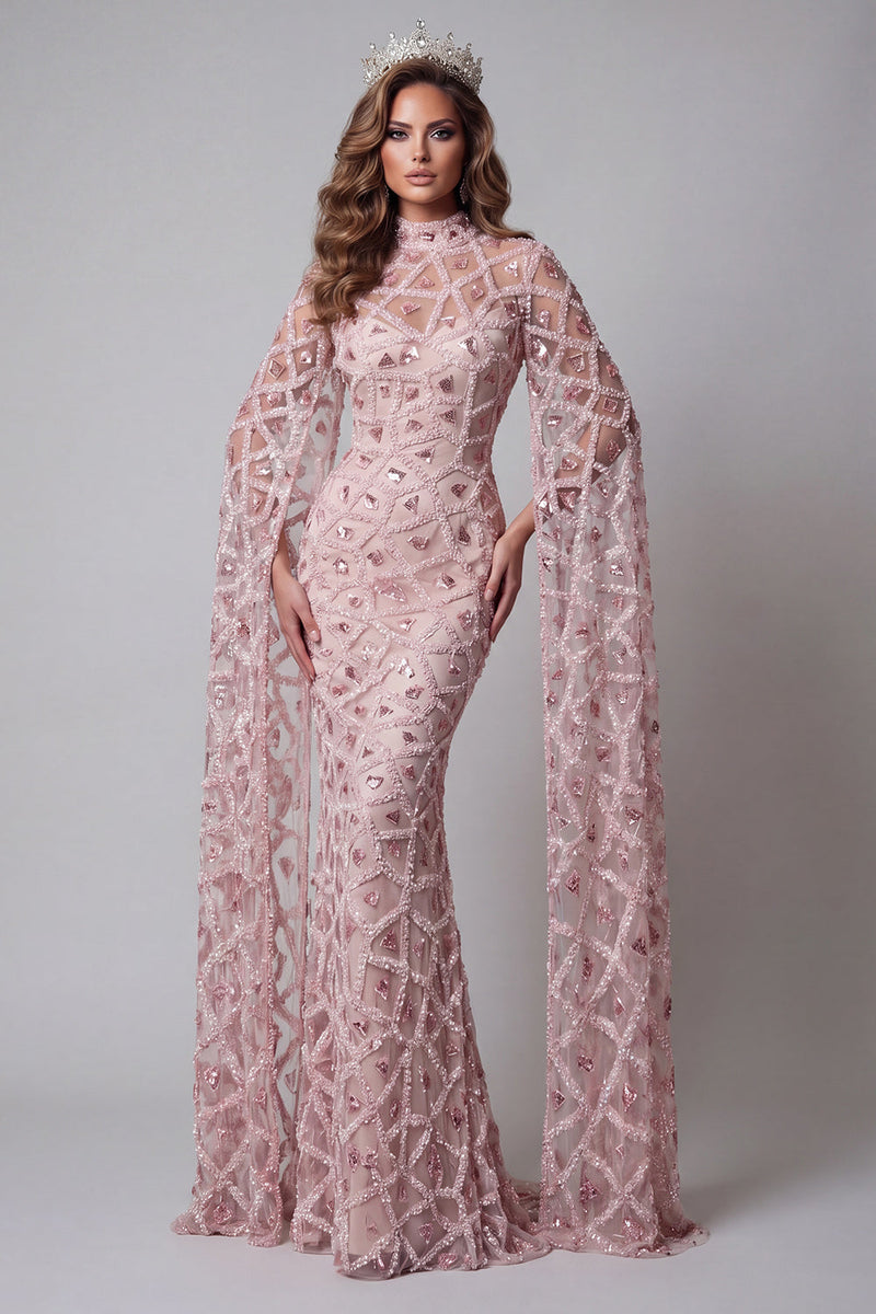 Laden Sie das Bild in den Galerie-Viewer, Hochhalsiges Rouge-Pailletten-Mermiaden-Pageant-Kleid