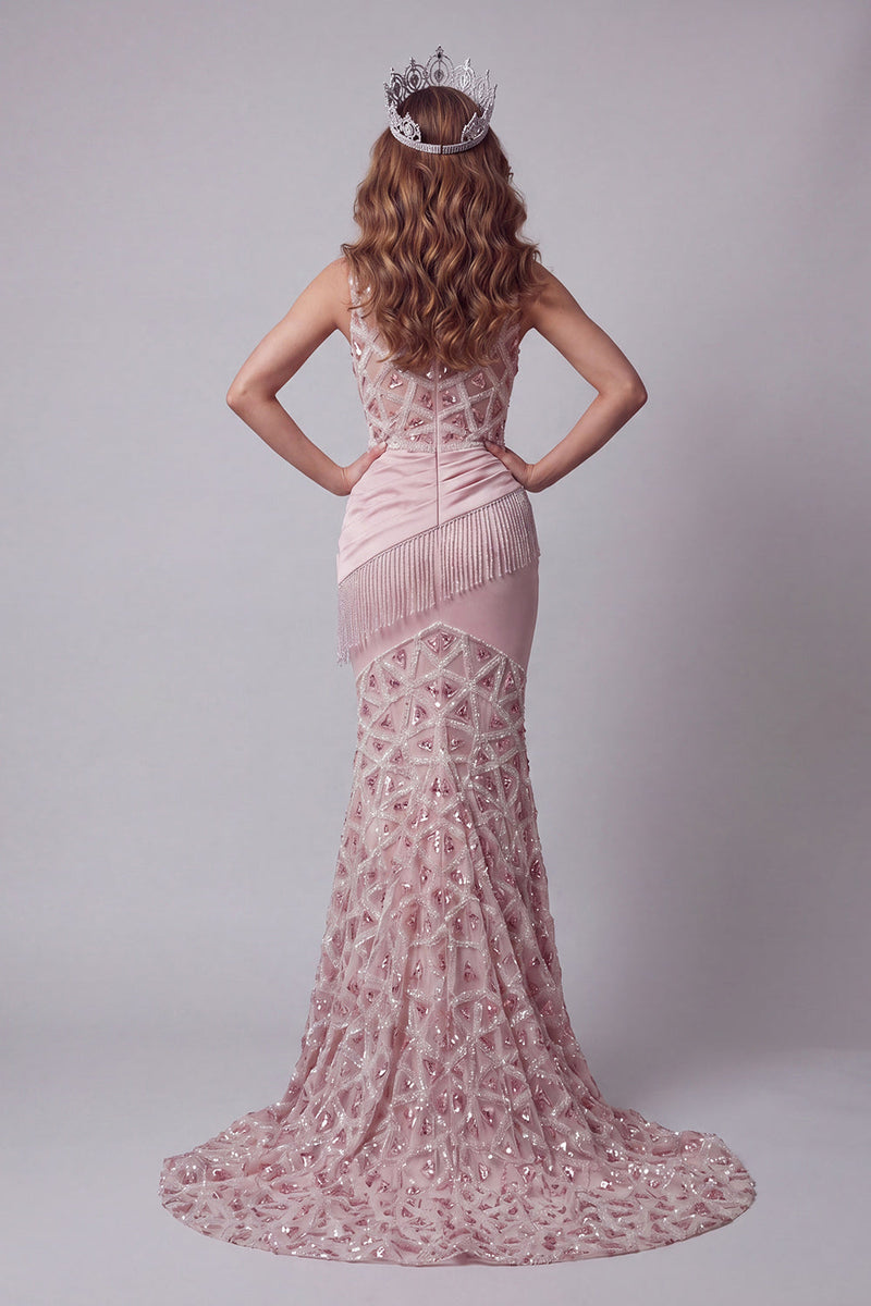 Laden Sie das Bild in den Galerie-Viewer, Einschulter-Rouge-Pailletten-Pageant-Kleid mit Quaste
