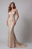 Laden Sie das Bild in den Galerie-Viewer, Champagner-Pailletten-Meerjungfrauen-V-Ausschnitt-Pageant-Kleid