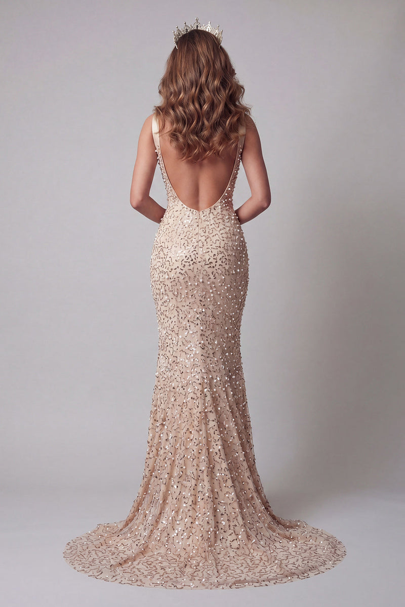 Laden Sie das Bild in den Galerie-Viewer, Champagner-Pailletten-Meerjungfrauen-V-Ausschnitt-Pageant-Kleid