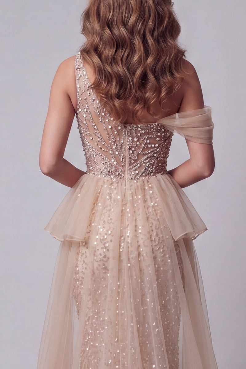 Laden Sie das Bild in den Galerie-Viewer, Einschulter-Champagner-Pailletten-Mermiaden-Pageant-Kleid mit Umhang