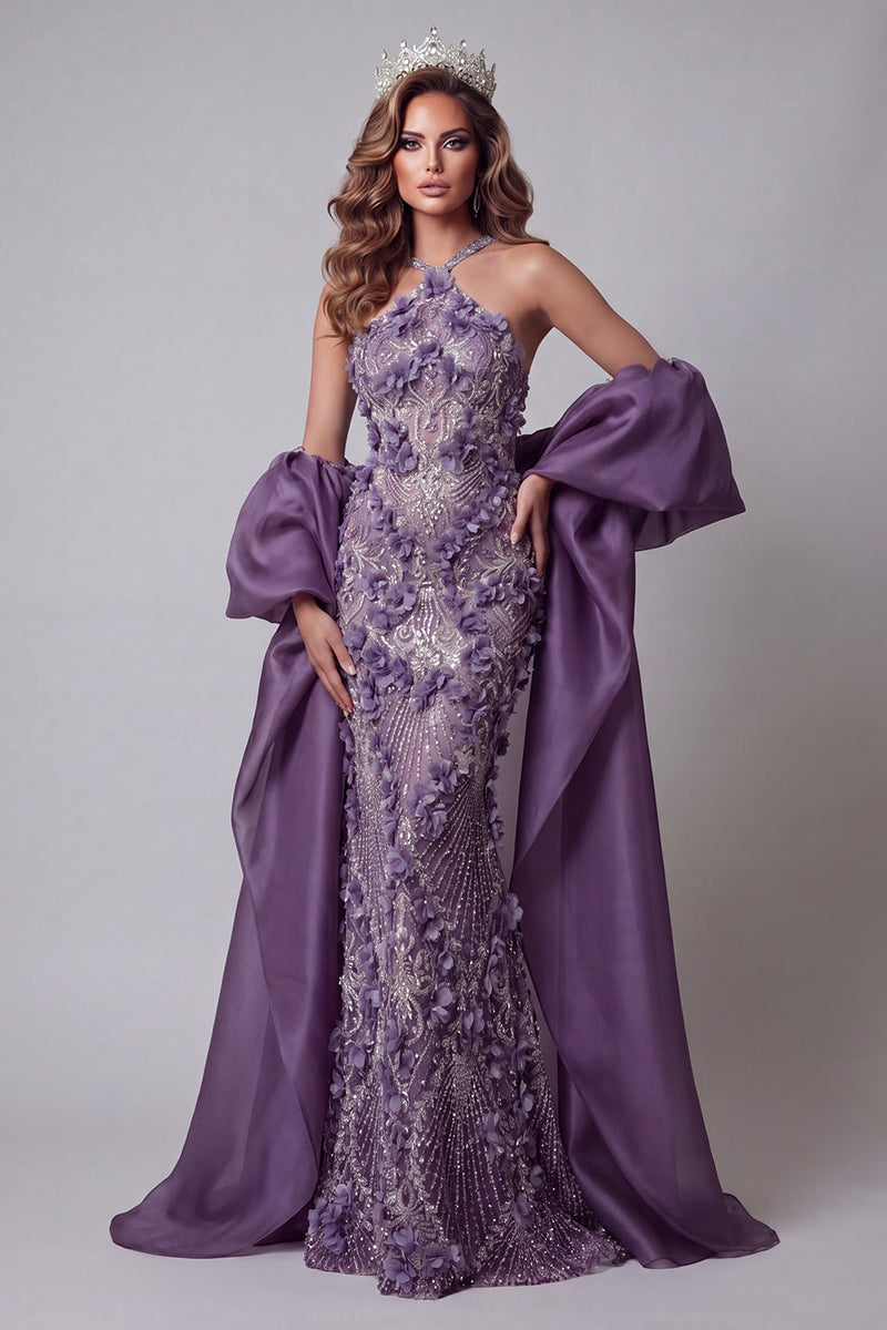 Laden Sie das Bild in den Galerie-Viewer, Halter-lila Meerjungfrauen-Pageant-Kleid mit Umhang