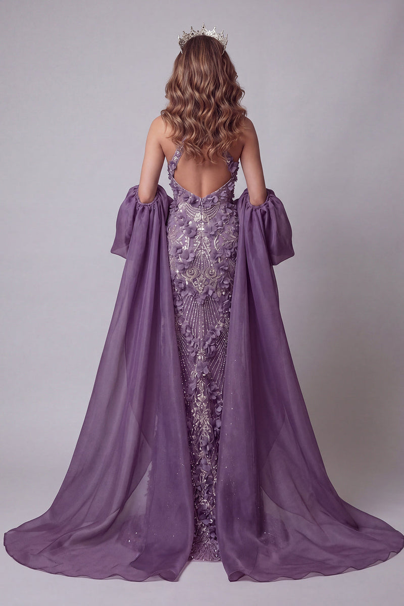 Laden Sie das Bild in den Galerie-Viewer, Halter-lila Meerjungfrauen-Pageant-Kleid mit Umhang