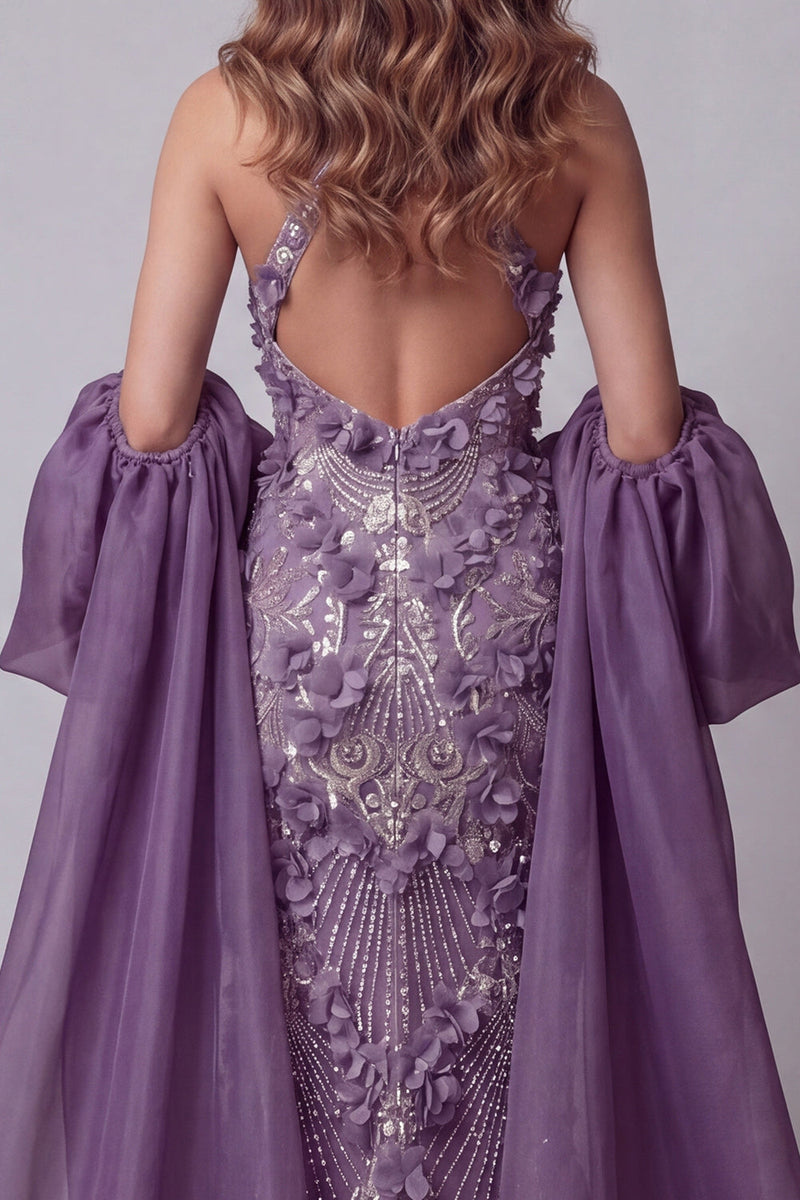 Laden Sie das Bild in den Galerie-Viewer, Halter-lila Meerjungfrauen-Pageant-Kleid mit Umhang