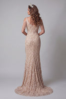 Laden Sie das Bild in den Galerie-Viewer, Kaltschulter-Champagner-Pailletten-Mermiad-Pageant-Kleid mit Schlitz