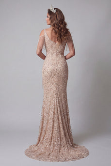 Kaltschulter-Champagner-Pailletten-Mermiad-Pageant-Kleid mit Schlitz