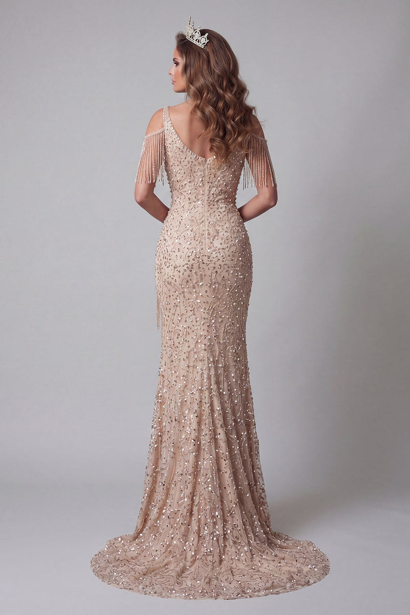 Laden Sie das Bild in den Galerie-Viewer, Kaltschulter-Champagner-Pailletten-Mermiad-Pageant-Kleid mit Schlitz