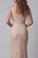 Laden Sie das Bild in den Galerie-Viewer, Kaltschulter-Champagner-Pailletten-Mermiad-Pageant-Kleid mit Schlitz
