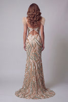 Laden Sie das Bild in den Galerie-Viewer, Champagner-Meerjungfrauen-Pailletten-Pageant-Kleid mit Federn