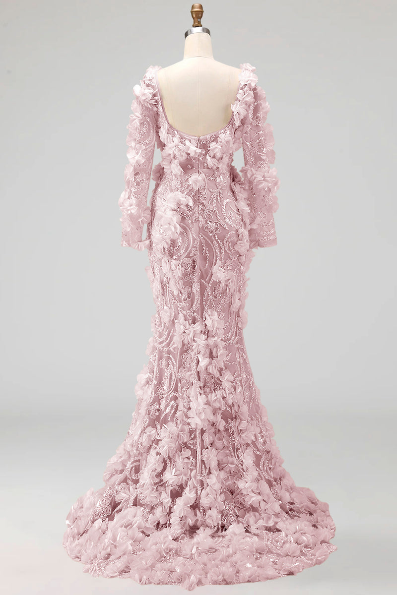 Laden Sie das Bild in den Galerie-Viewer, Langärmeliges Rouge-Meerjungfrauen-Pageant-Kleid mit 3D-Blumen