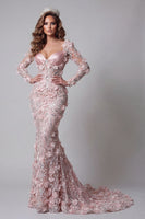 Laden Sie das Bild in den Galerie-Viewer, Langärmeliges Rouge-Meerjungfrauen-Pageant-Kleid mit 3D-Blumen