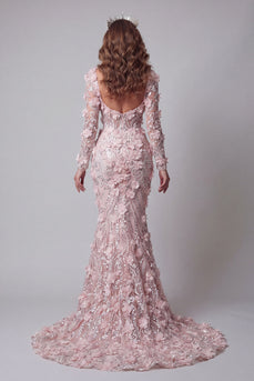 Langärmeliges Rouge-Meerjungfrauen-Pageant-Kleid mit 3D-Blumen