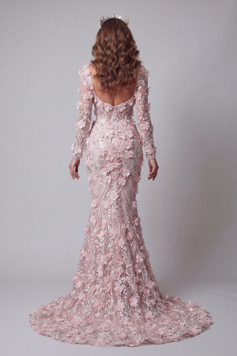 Laden Sie das Bild in den Galerie-Viewer, Langärmeliges Rouge-Meerjungfrauen-Pageant-Kleid mit 3D-Blumen