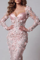 Laden Sie das Bild in den Galerie-Viewer, Langärmeliges Rouge-Meerjungfrauen-Pageant-Kleid mit 3D-Blumen