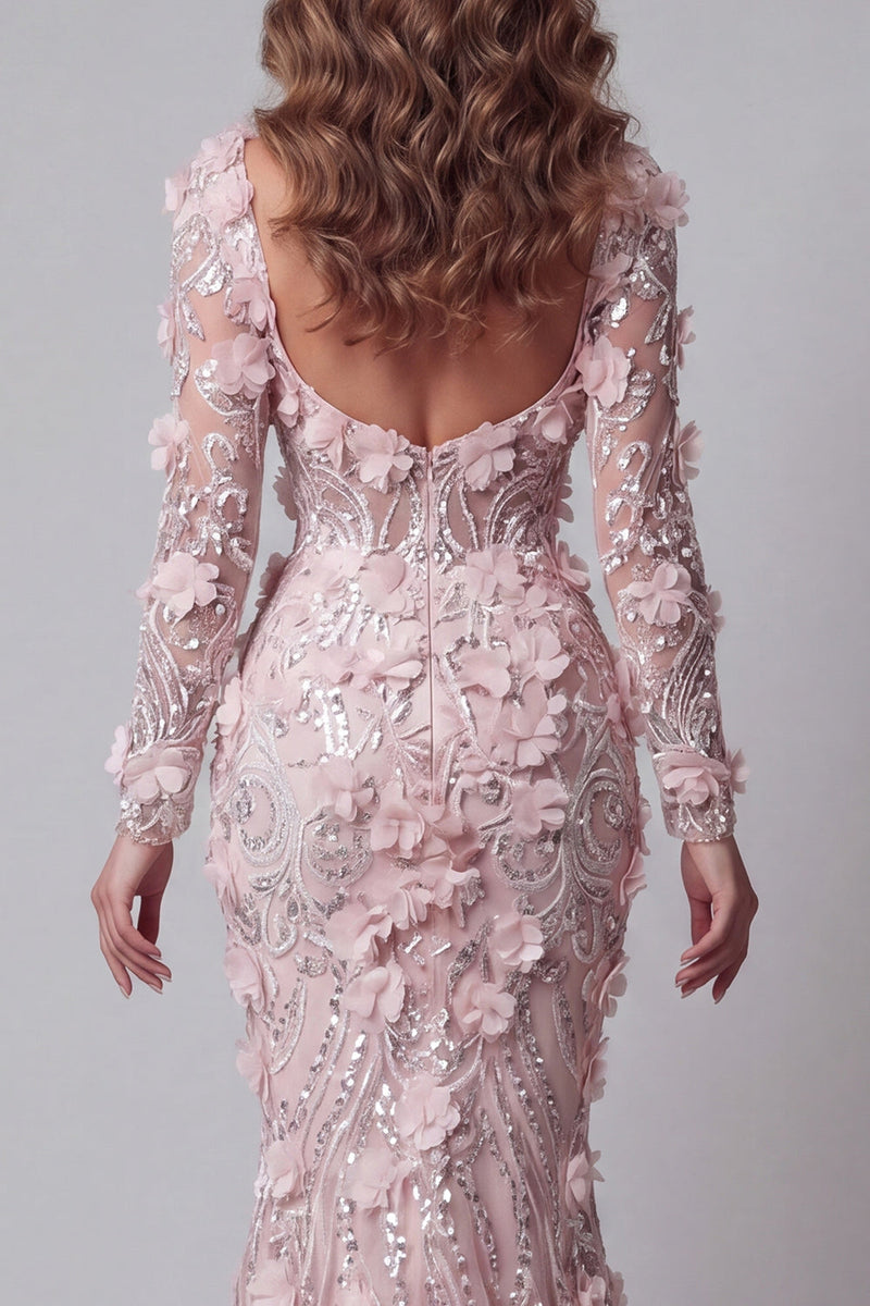 Laden Sie das Bild in den Galerie-Viewer, Langärmeliges Rouge-Meerjungfrauen-Pageant-Kleid mit 3D-Blumen